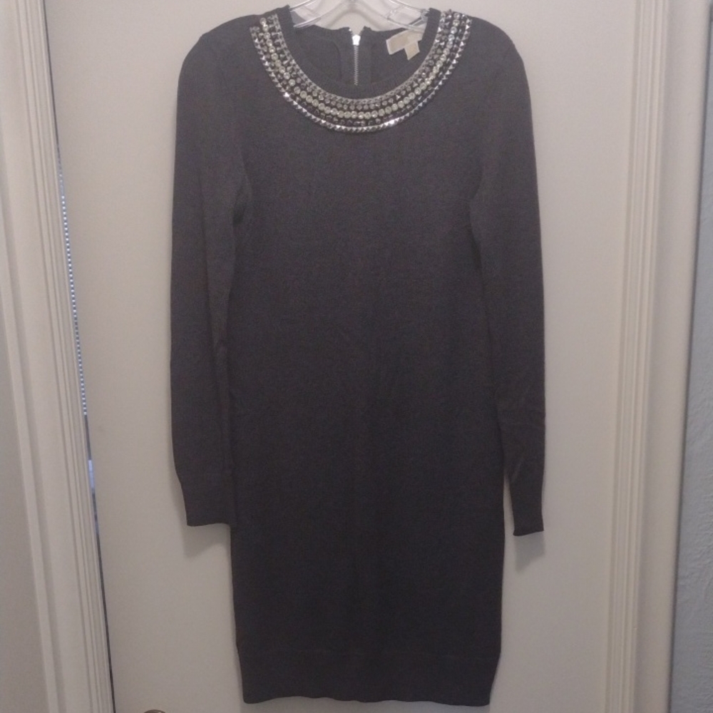 Michael Kors Gray Long Sleeve Dress with Beaded Neckline (J542)